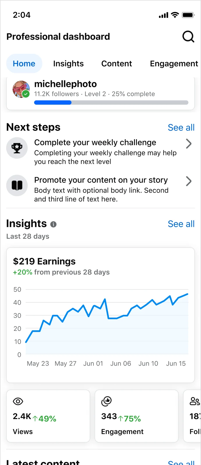 Earlier Professional Dashboard with a large 28-day line chart