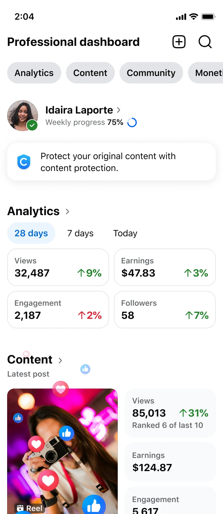 Redesigned Professional Dashboard with four performance metrics and content sections